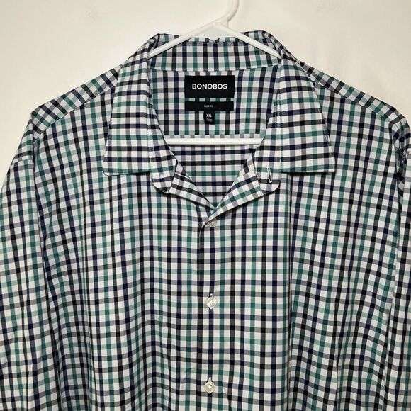Bonobos Slim Fit Button Up Shirt Mens Size XXL 2XL Green Blue Gingham Check EUC - Picture 2 of 11